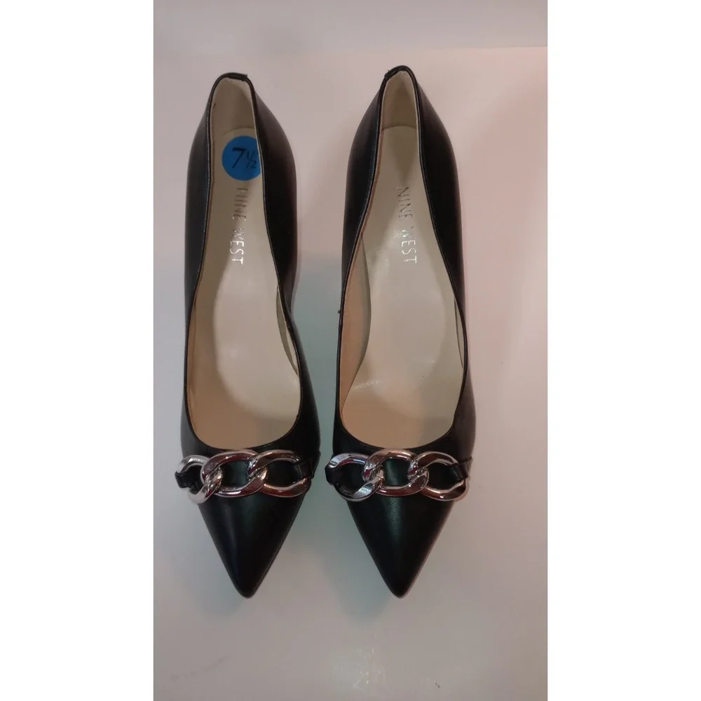 Nine West Tatiana Black Pointed Toe Heels Silver Chain Stiletto Pumps Mens 7.5